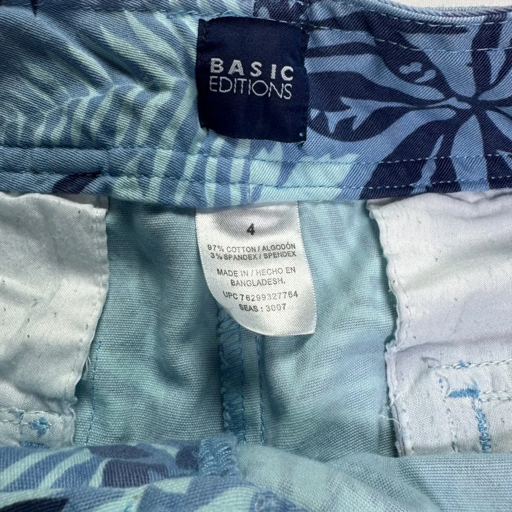 Basic Editions Size 4 Blue Tropical Leaf Print Wide Leg Cropped Belted Pants - Picture 3 of 8